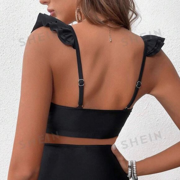 NEW SHEIN Swimsuit Top With Ruffle Trim Black Bikini TOP only XL (12) - Picture 2 of 7